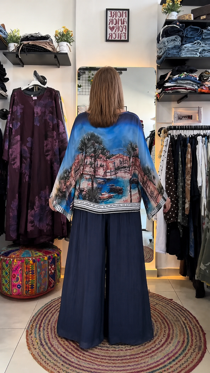Mediterranean Harbor Print Two-Piece Palazzo Set