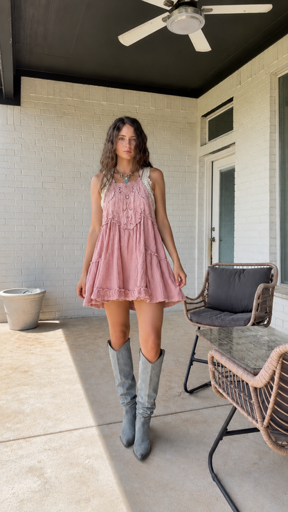 Sage Meadow Lace Trim Babydoll Mini Dress