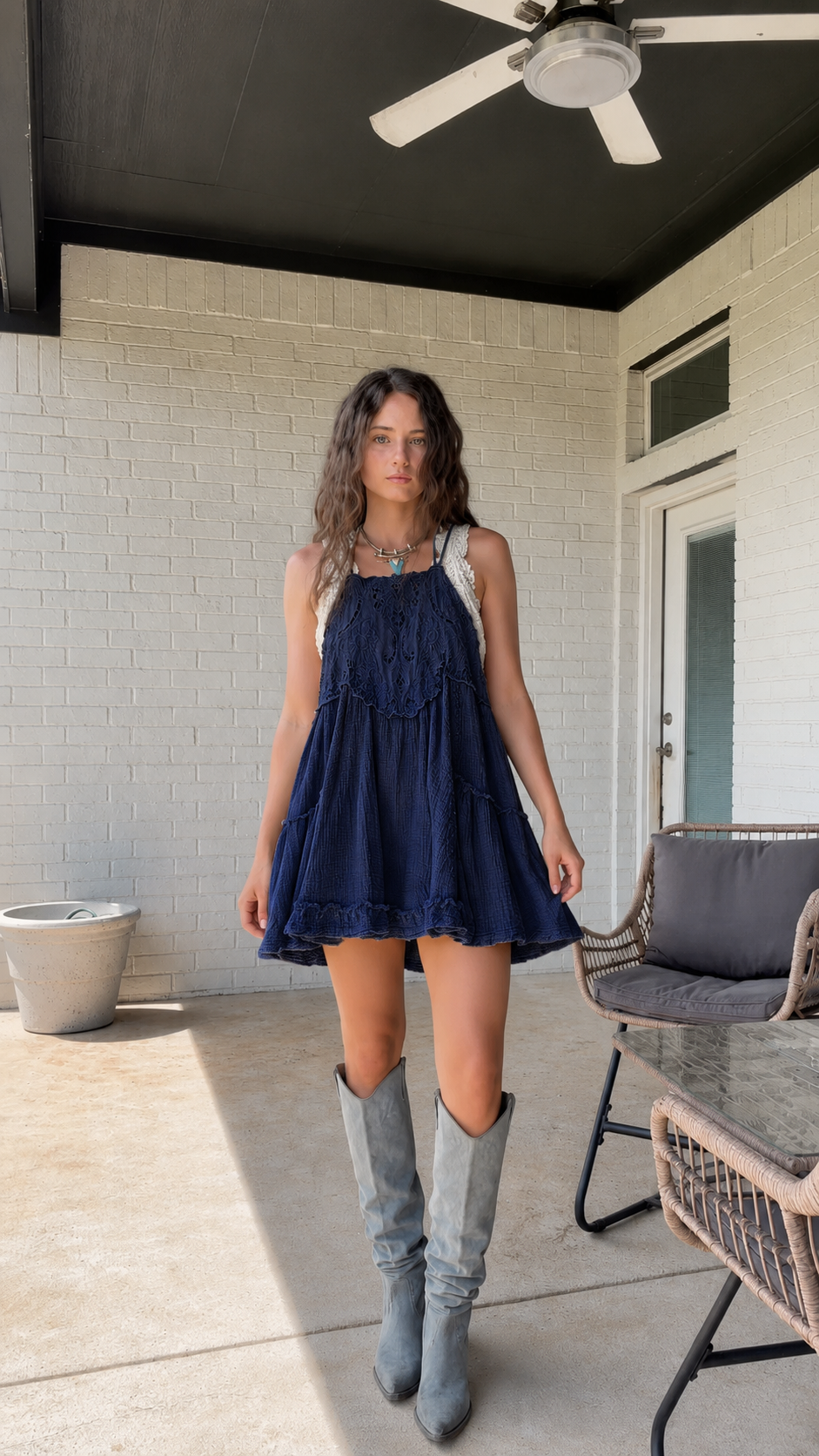 Sage Meadow Lace Trim Babydoll Mini Dress