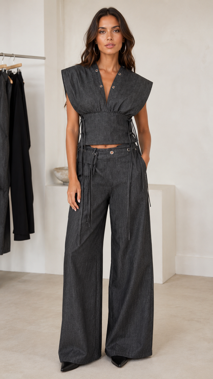 Raven Lace-Up Denim Wide-Leg Set