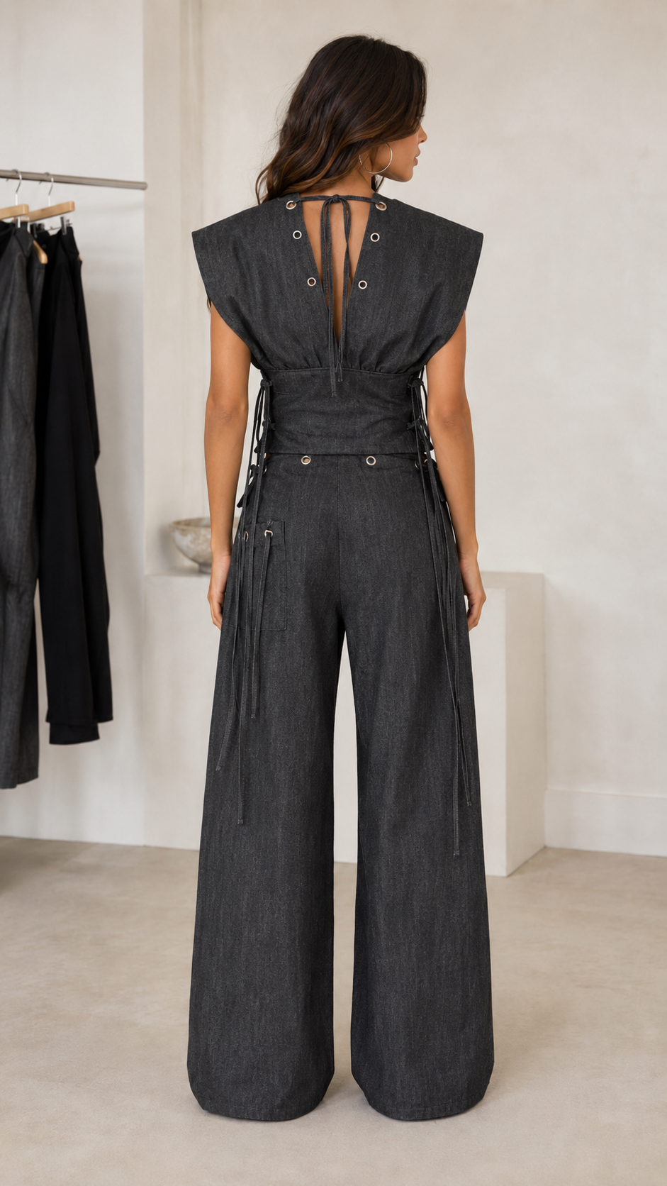 Raven Lace-Up Denim Wide-Leg Set