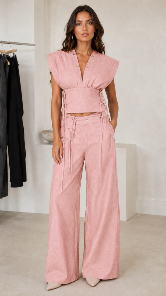Raven Lace-Up Denim Wide-Leg Set
