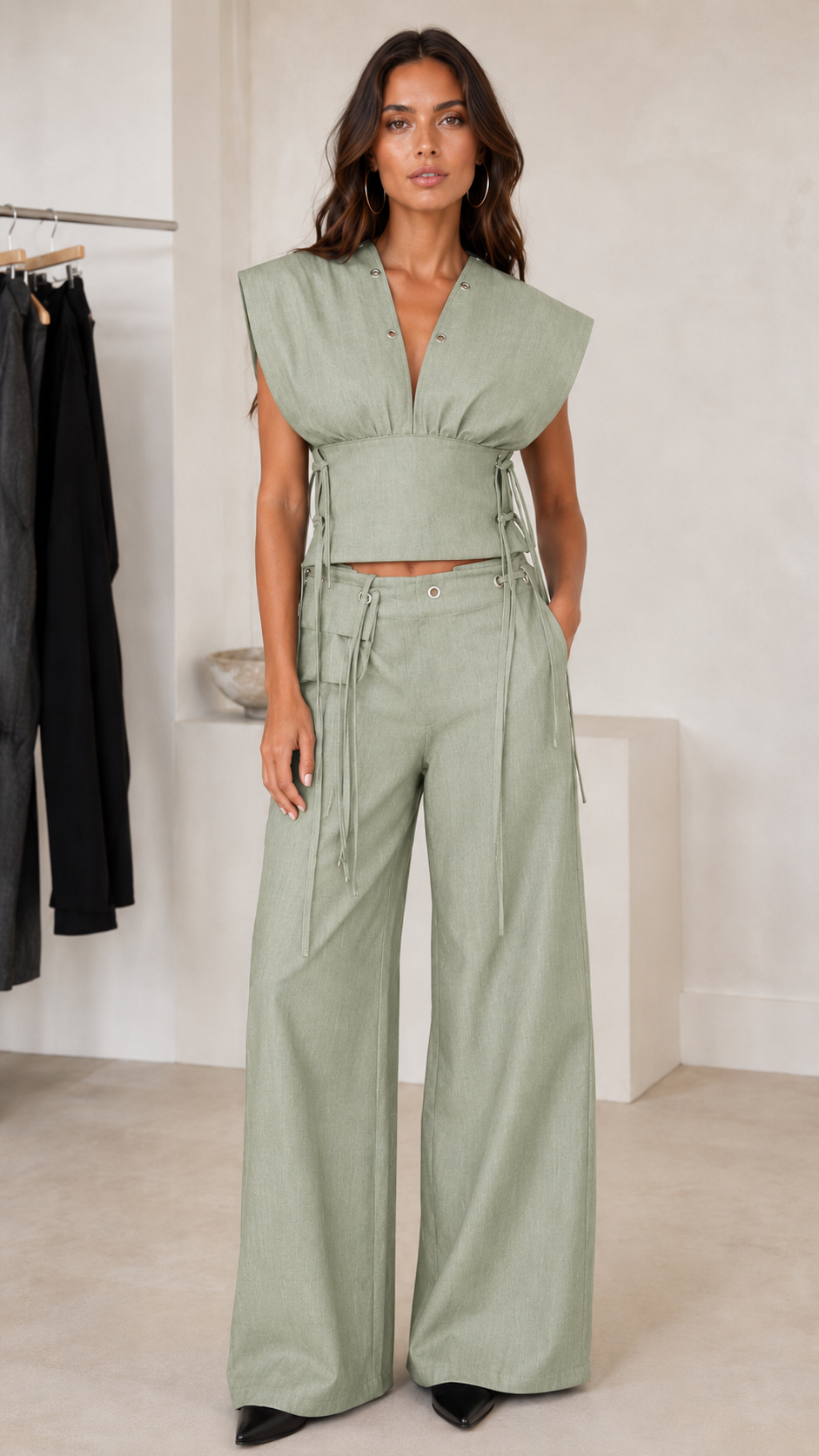 Raven Lace-Up Denim Wide-Leg Set