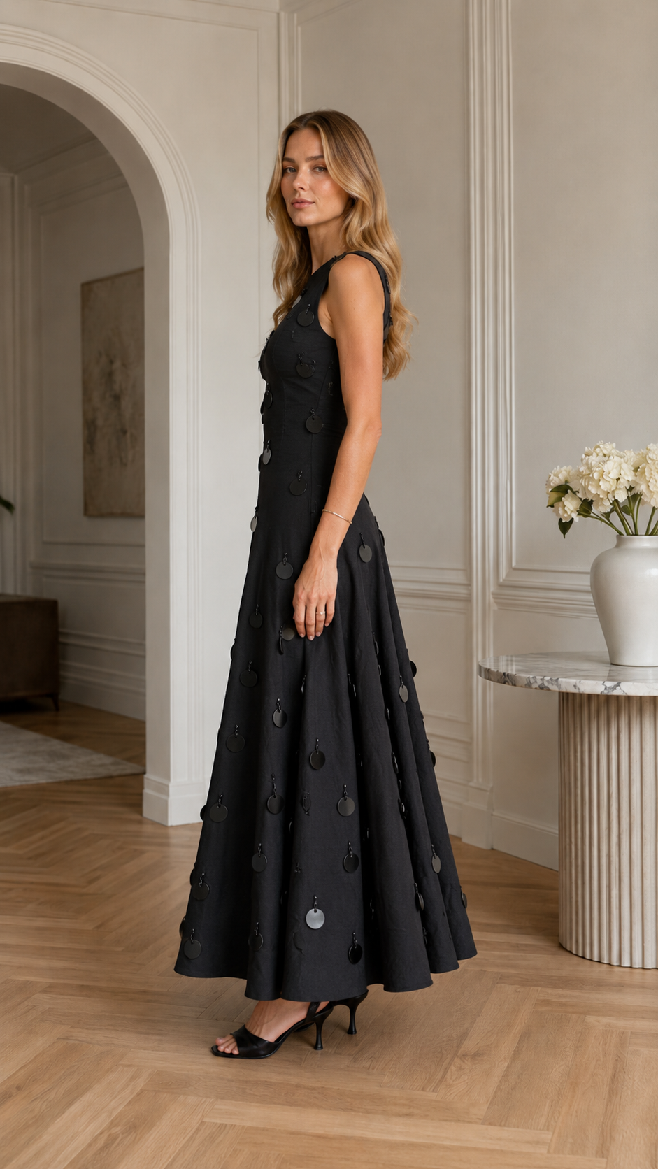 Midnight Charm Embellished A-Line Maxi Dress