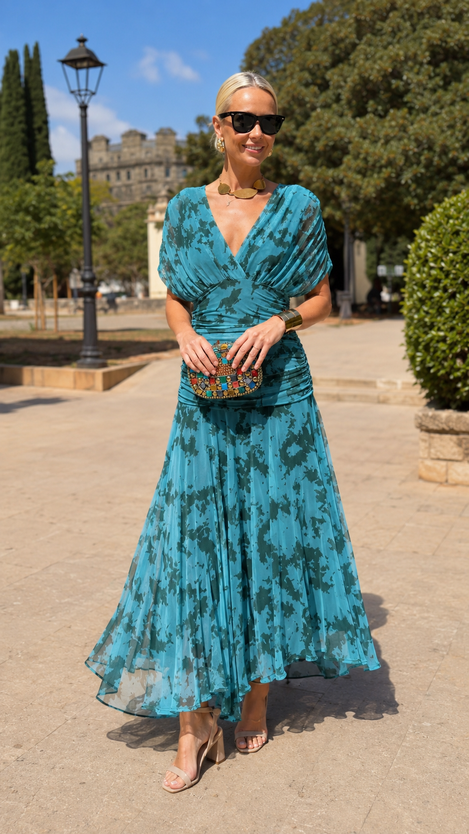 Turquoise Ruched Midi Dress