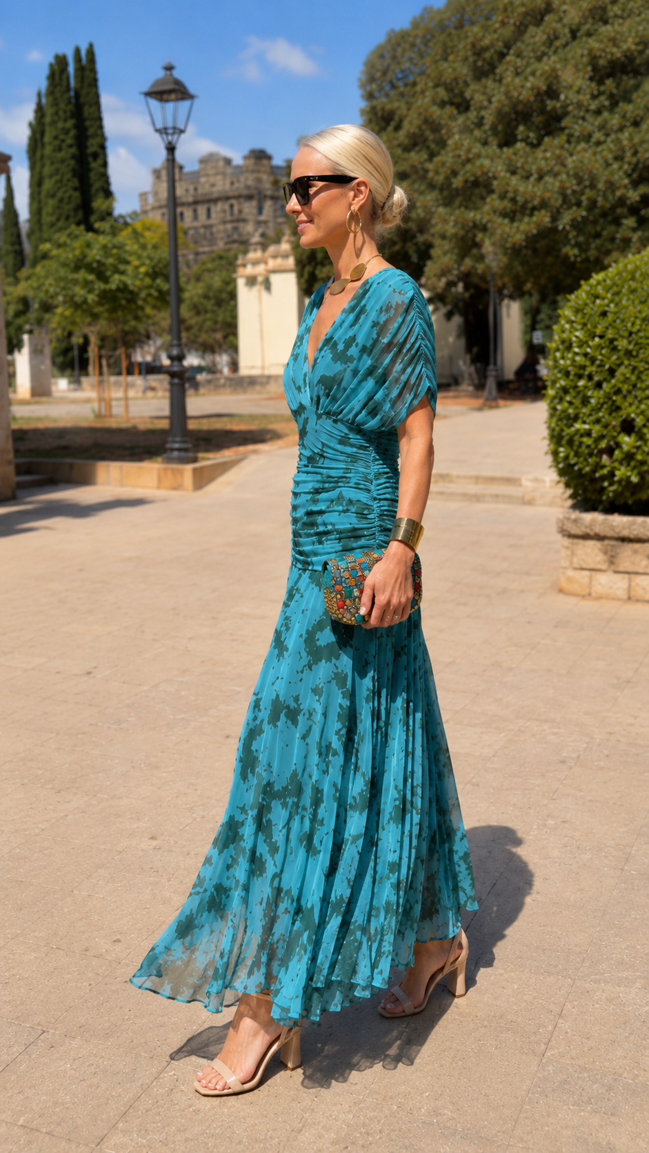 Turquoise Ruched Midi Dress