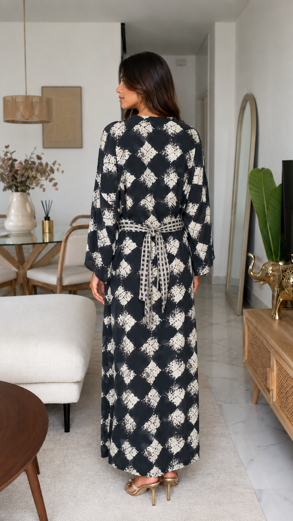 Ink Check Belted Maxi Dress