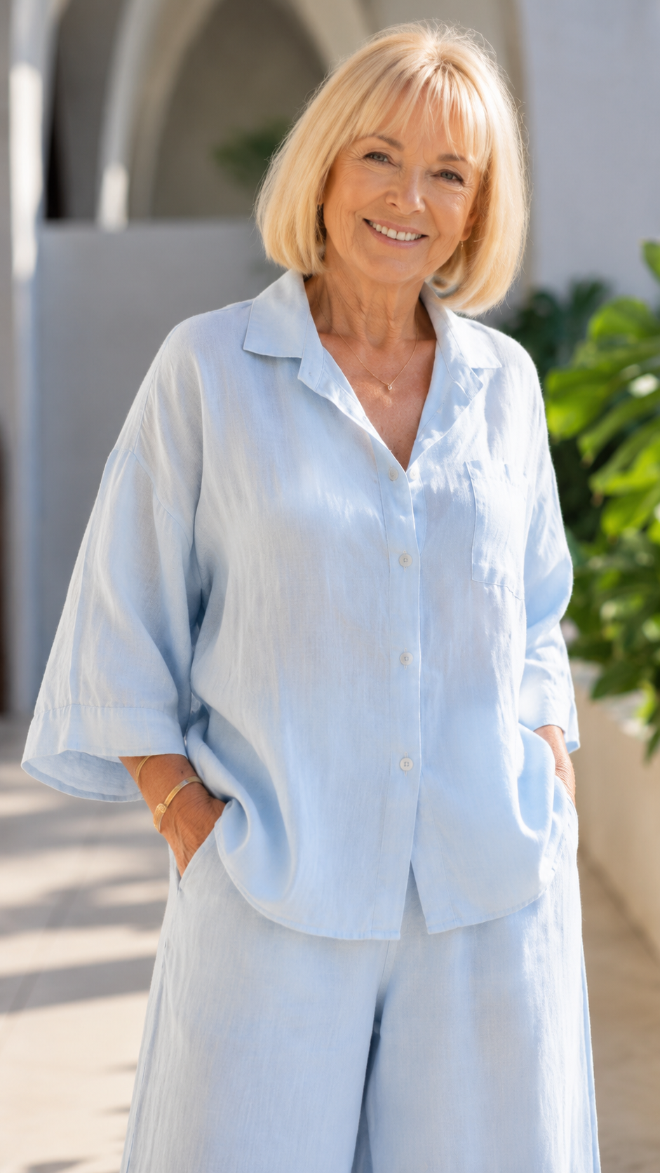 Sky Blue Linen Wide-Leg Set