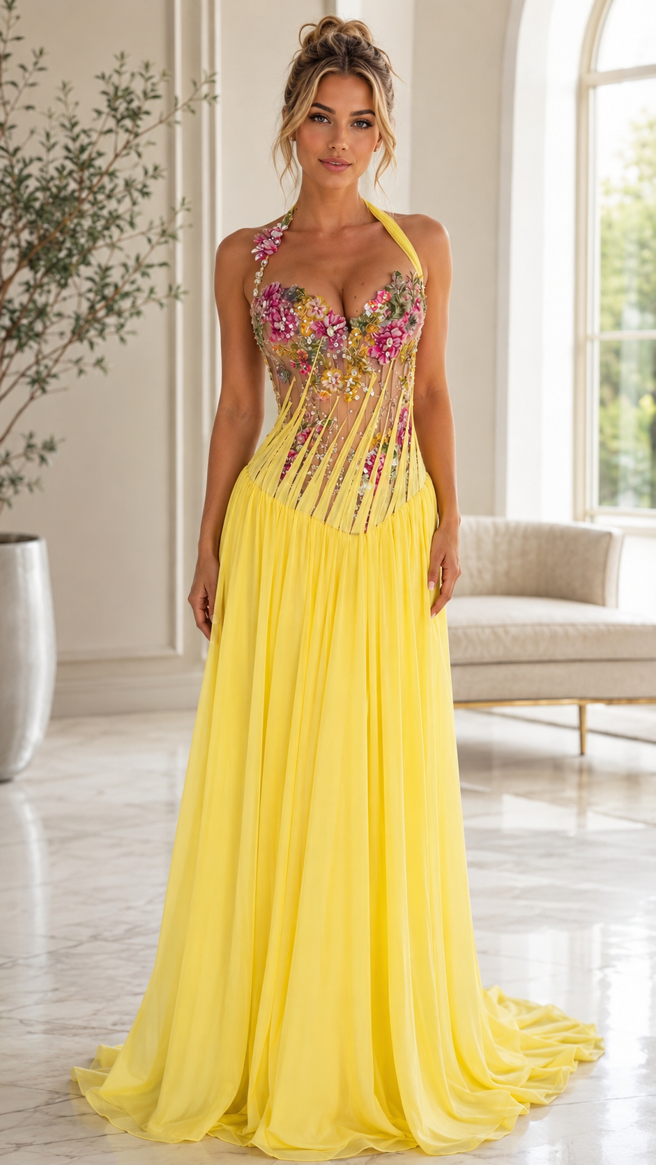 Floral Appliqué Halter Evening Gown