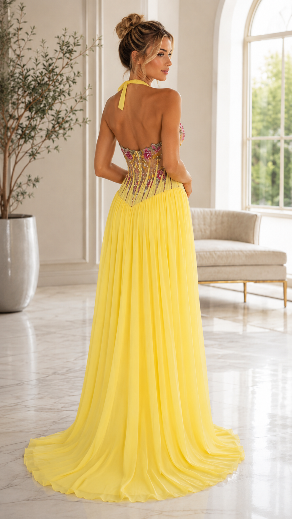 Floral Appliqué Halter Evening Gown
