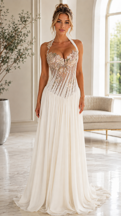 Floral Appliqué Halter Evening Gown
