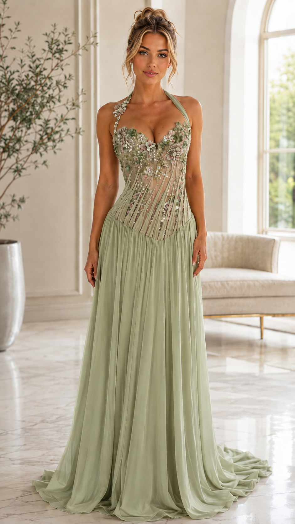 Floral Appliqué Halter Evening Gown