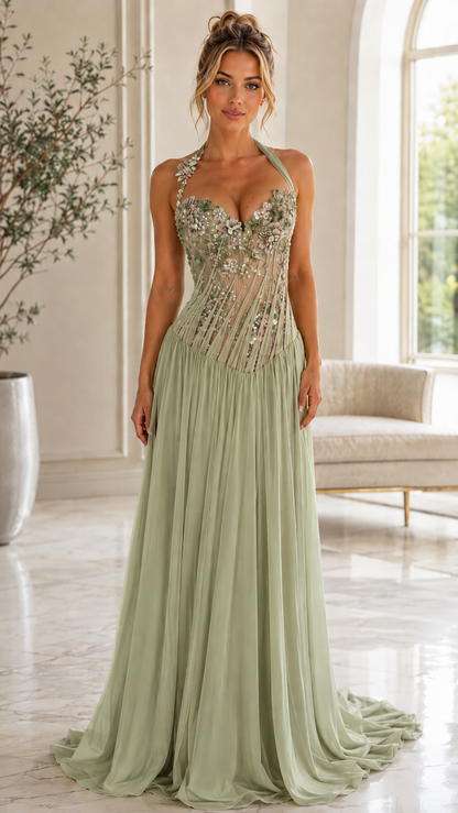 Floral Appliqué Halter Evening Gown