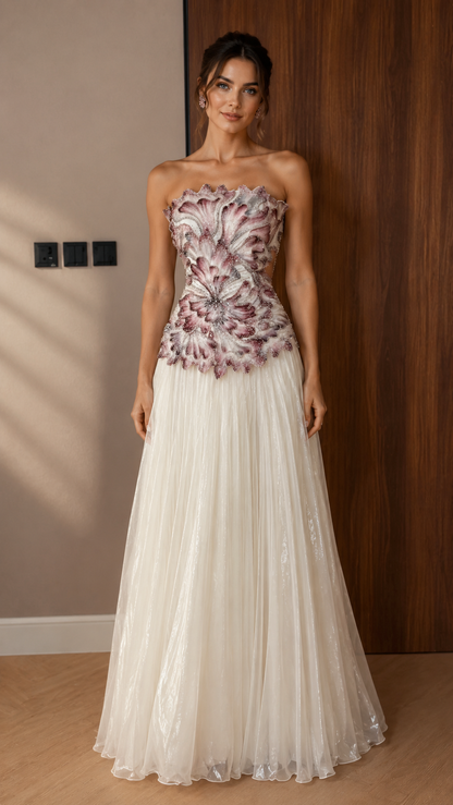 Ivory Floral Appliqué Strapless Evening Gown