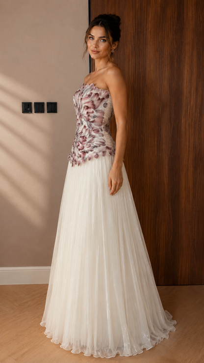 Ivory Floral Appliqué Strapless Evening Gown