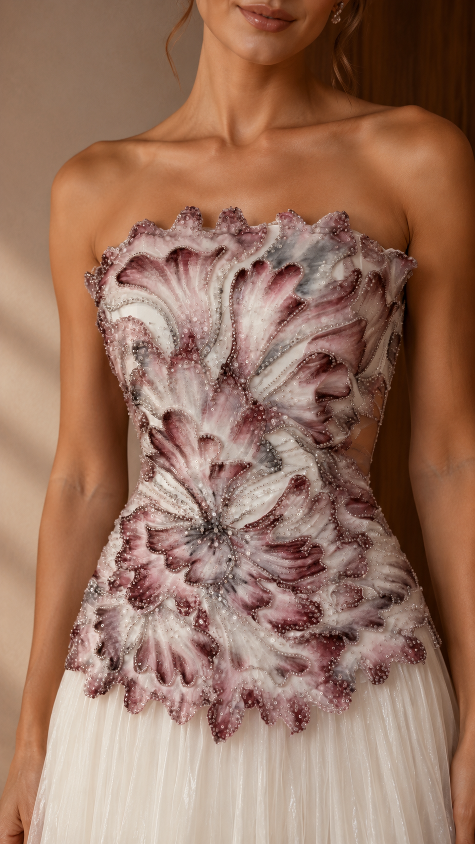 Ivory Floral Appliqué Strapless Evening Gown