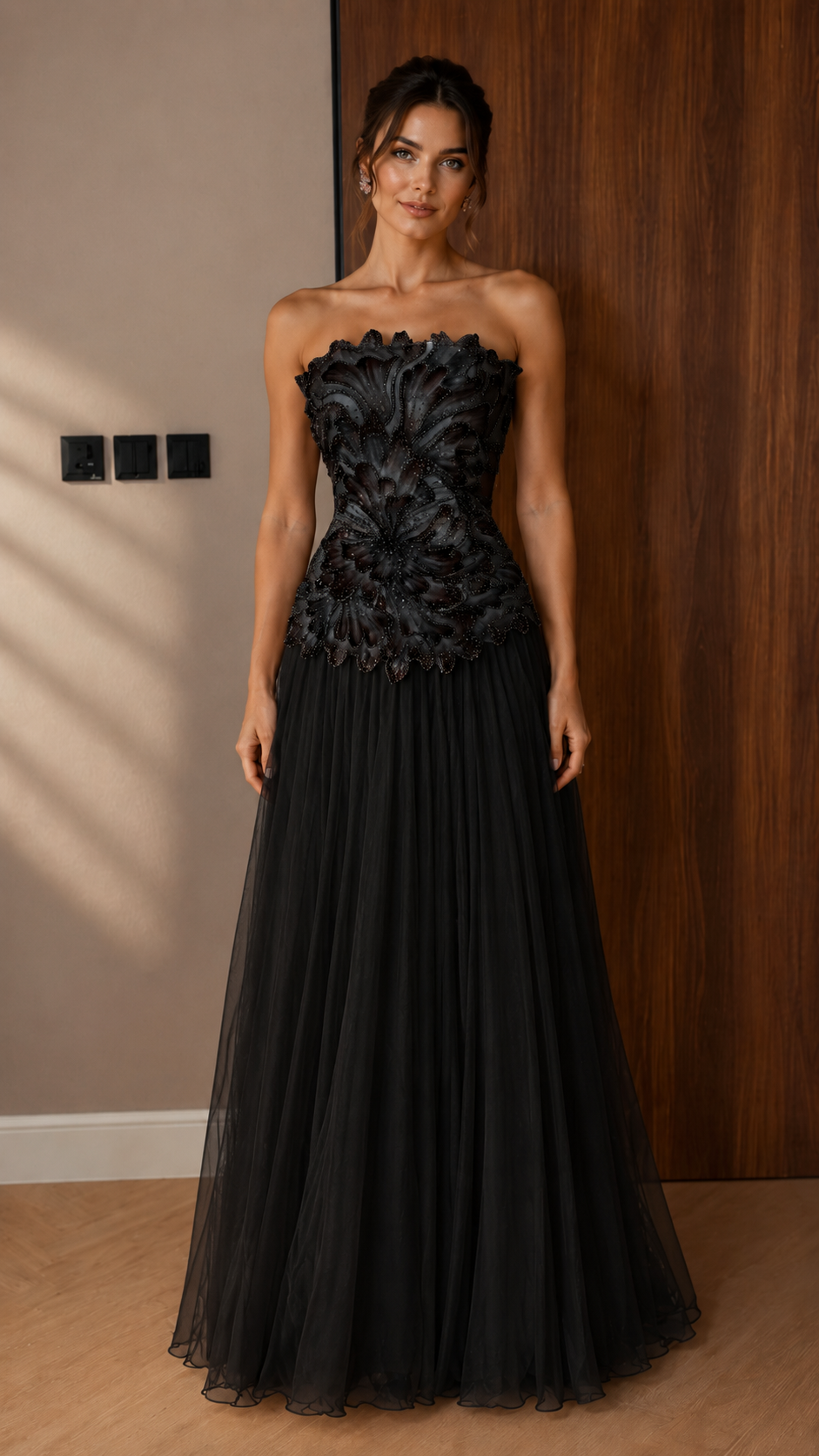 Ivory Floral Appliqué Strapless Evening Gown