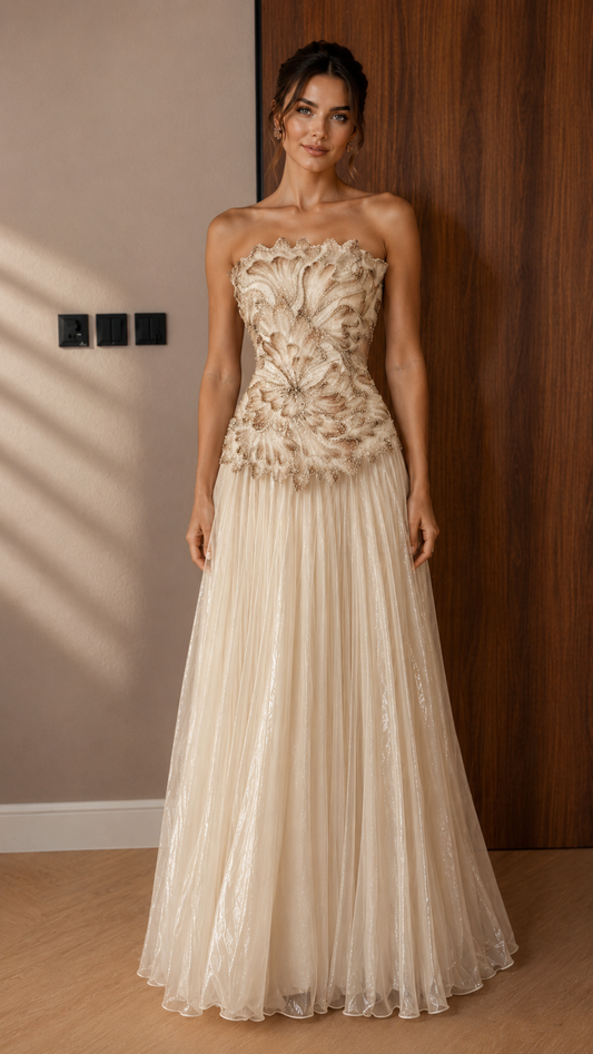 Ivory Floral Appliqué Strapless Evening Gown
