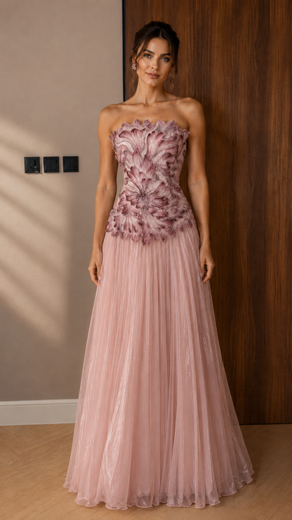 Ivory Floral Appliqué Strapless Evening Gown