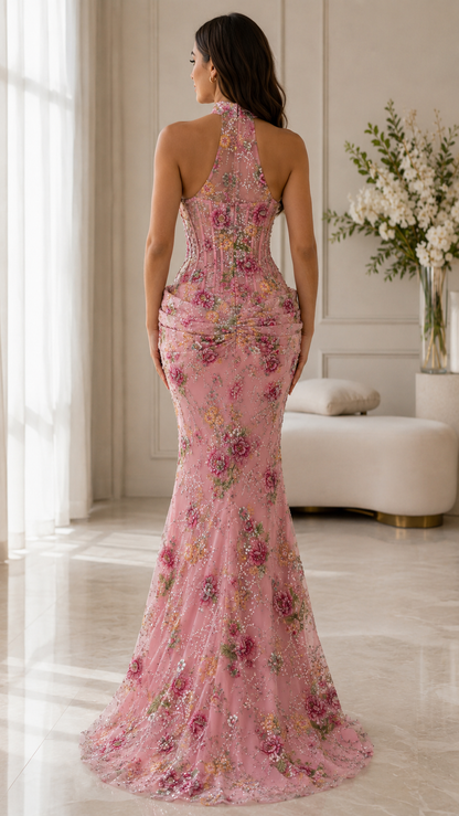 Floral Embroidered Halter Mermaid Evening Gown
