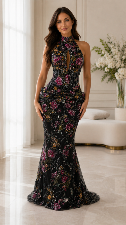 Floral Embroidered Halter Mermaid Evening Gown