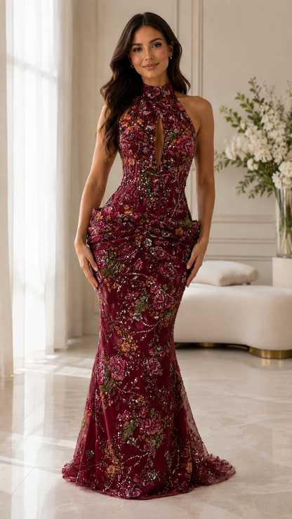 Floral Embroidered Halter Mermaid Evening Gown