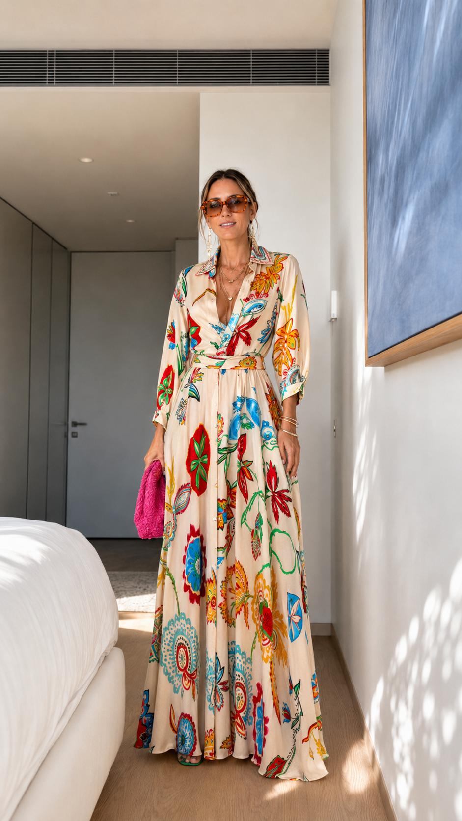 Cream Floral Belted Maxi Dress