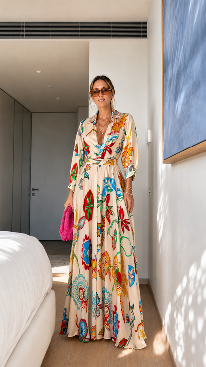 Cream Floral Belted Maxi Dress