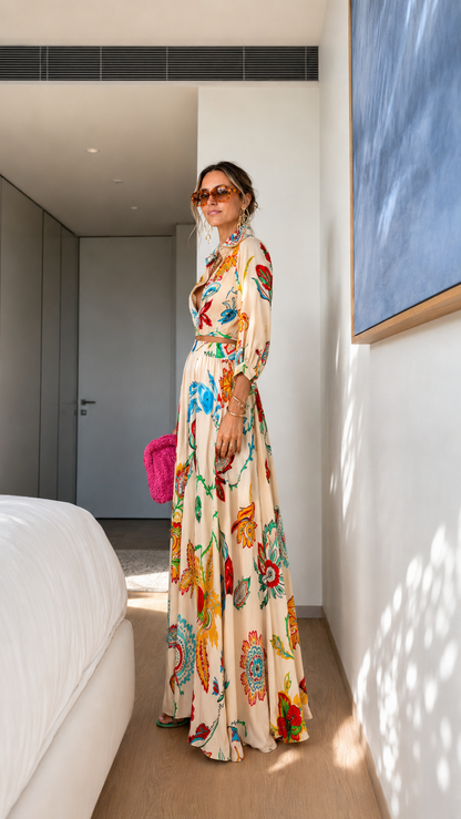 Cream Floral Belted Maxi Dress