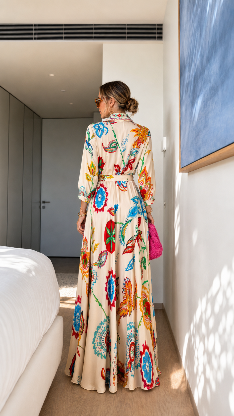 Cream Floral Belted Maxi Dress