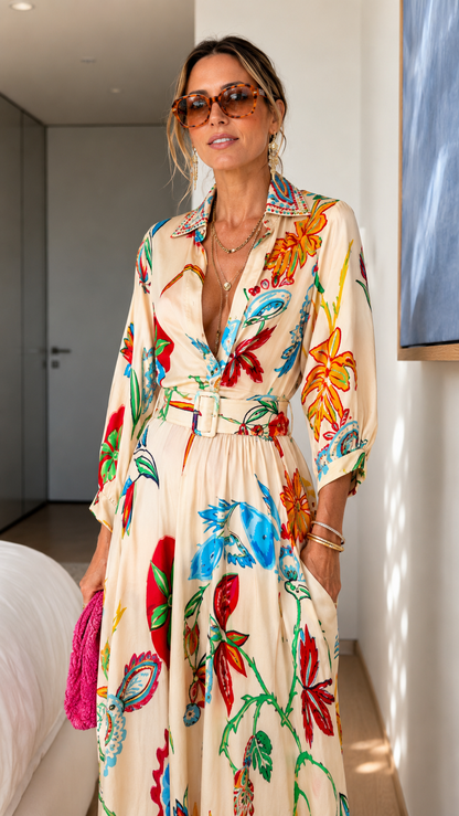 Cream Floral Belted Maxi Dress