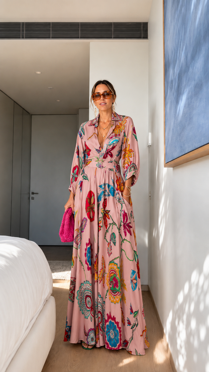 Cream Floral Belted Maxi Dress