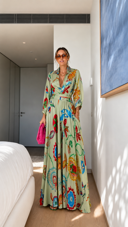 Cream Floral Belted Maxi Dress