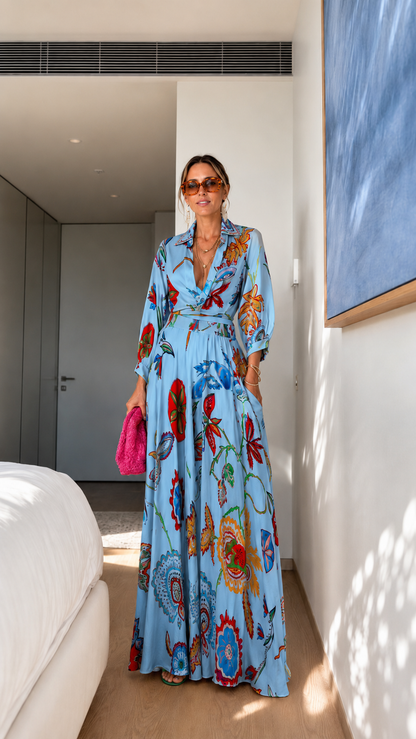 Cream Floral Belted Maxi Dress