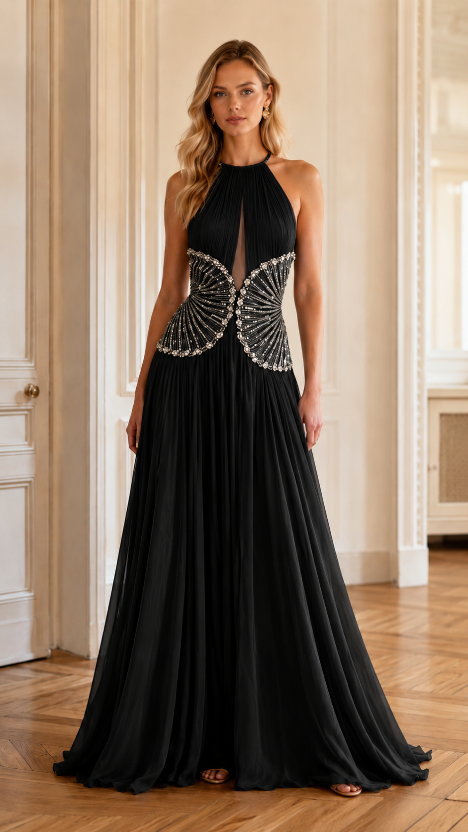 Champagne Beaded Halter Pleated Evening Gown