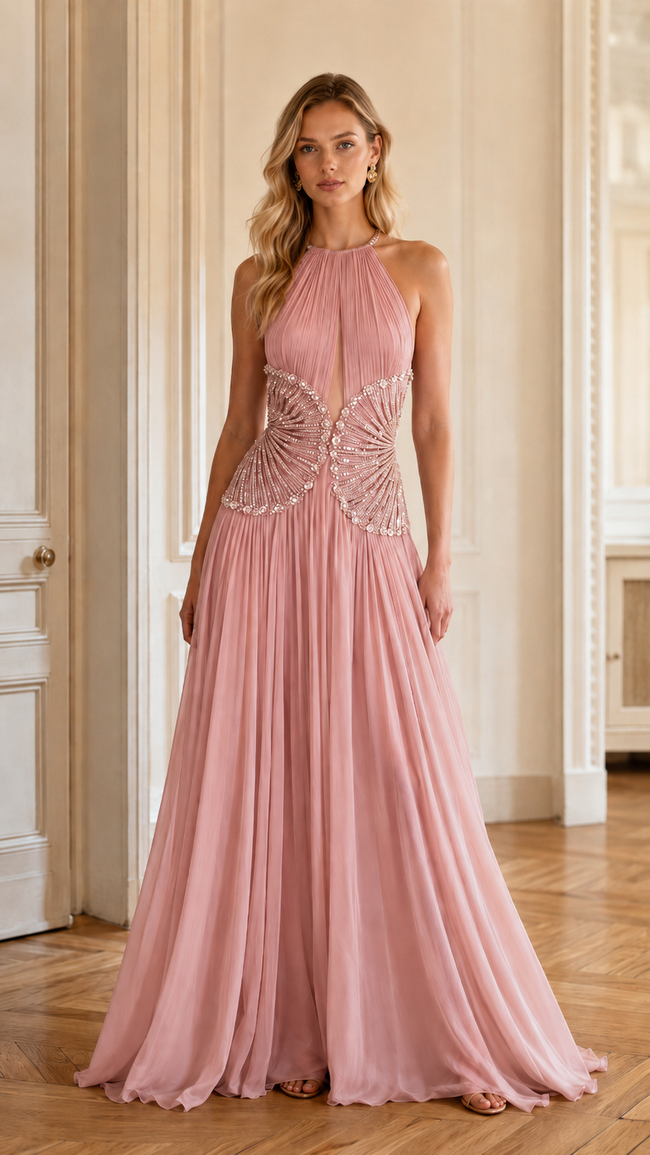 Champagne Beaded Halter Pleated Evening Gown