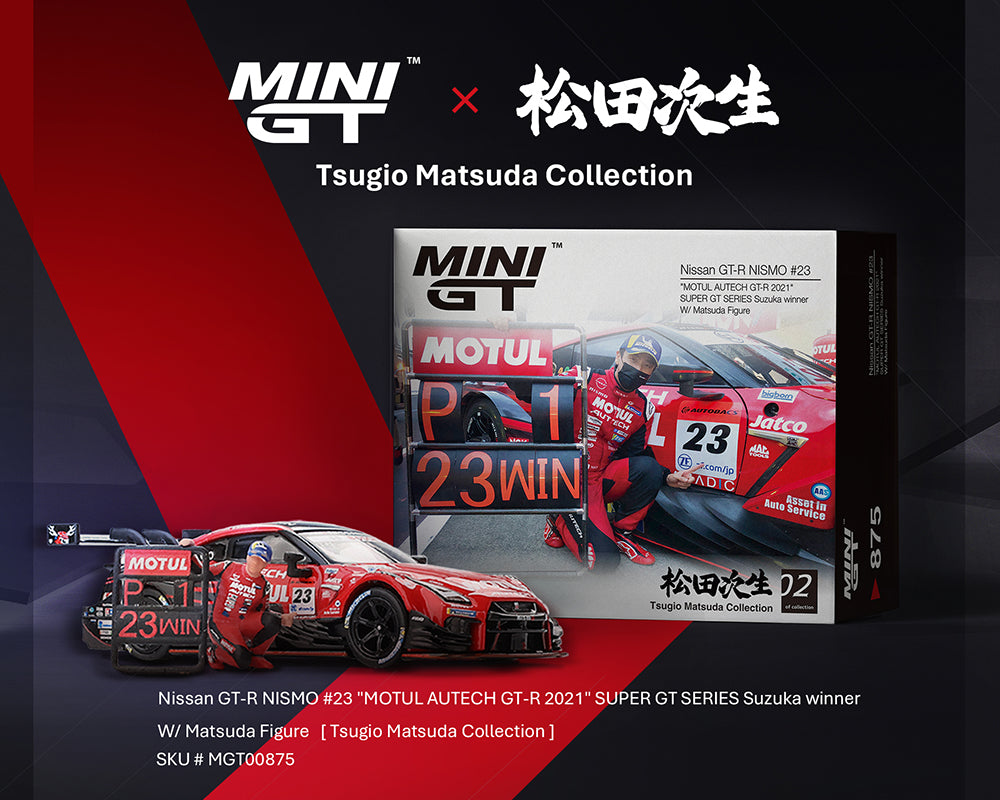 MINI GT 1:64 Nissan GT-R NISMO #23 鈥淢OTUL AUTECH GT-R 2021鈥?SUPER GT SERIES Suzuka Winner with Matsuda Figure