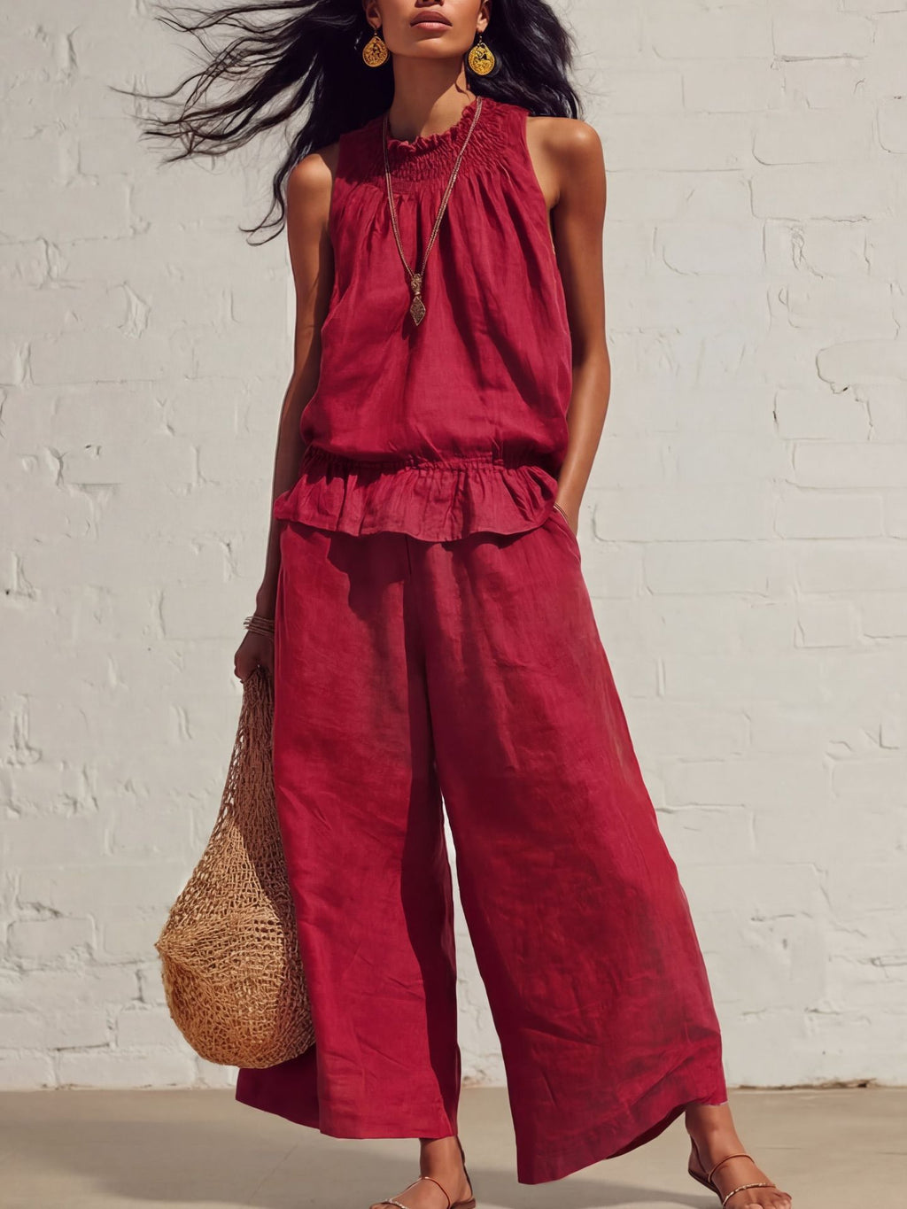 Boho Linen-Blend Sleeveless Ruffle Two-Piece Set
