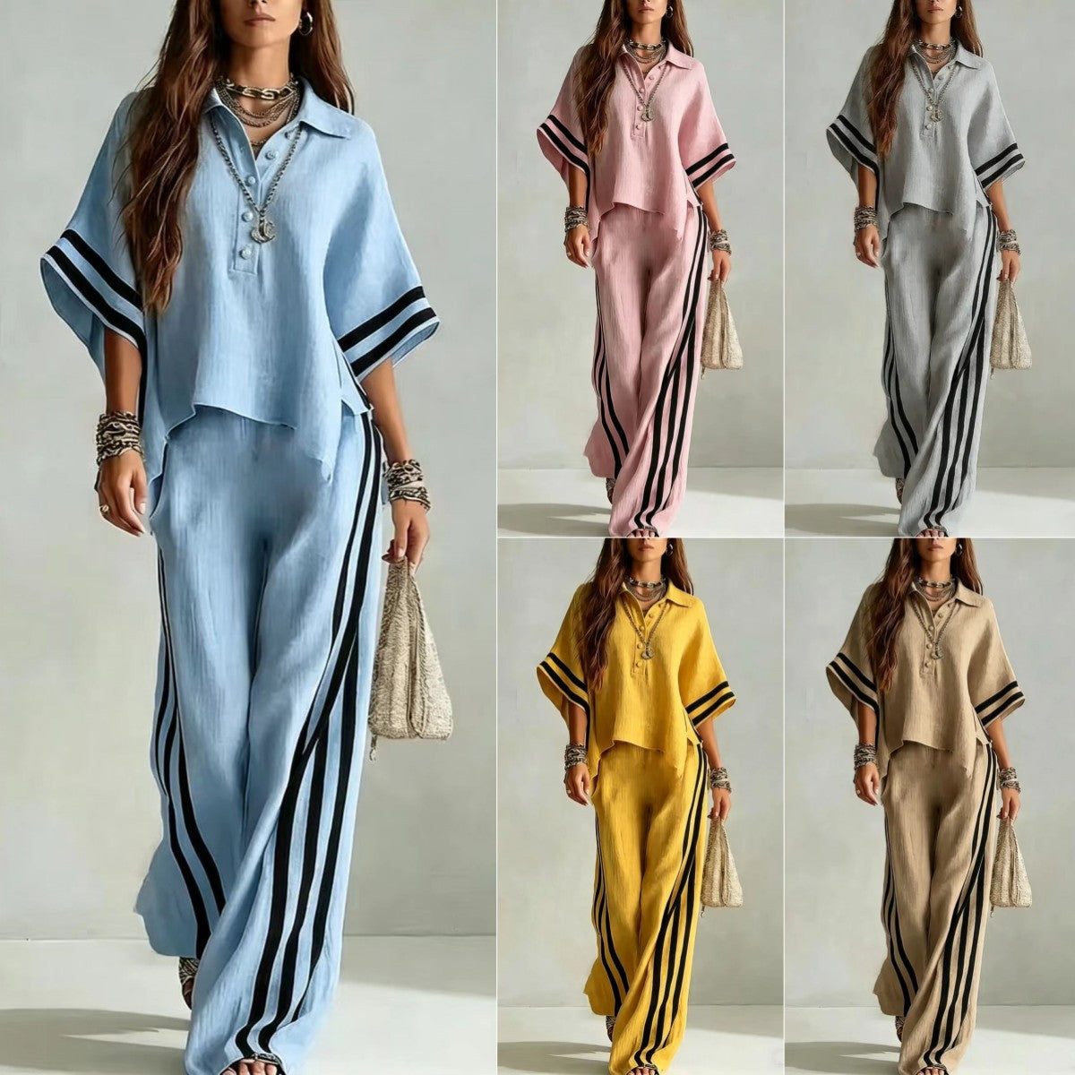 Chic Contrast Stripe Wide-Leg Two Piece Set