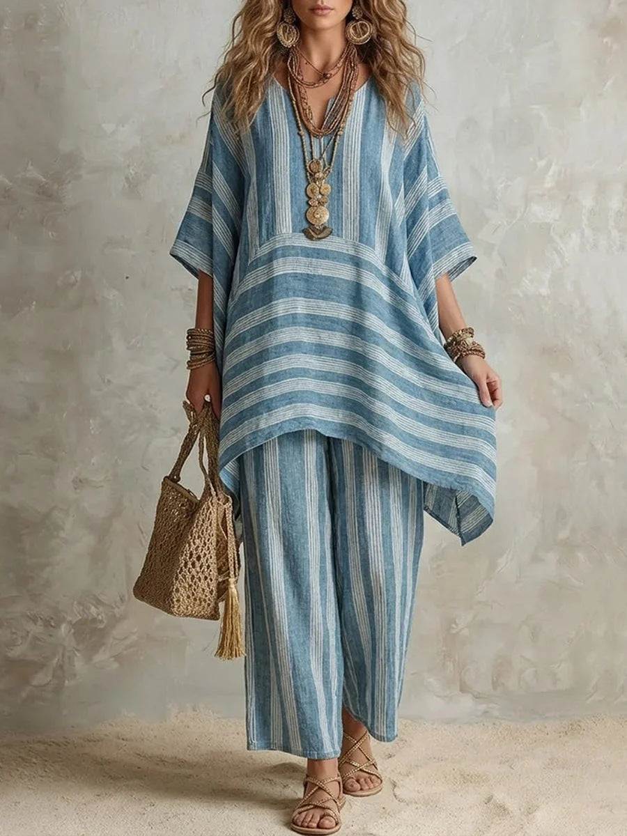 Bohemian Striped Poncho Two-Piece Set