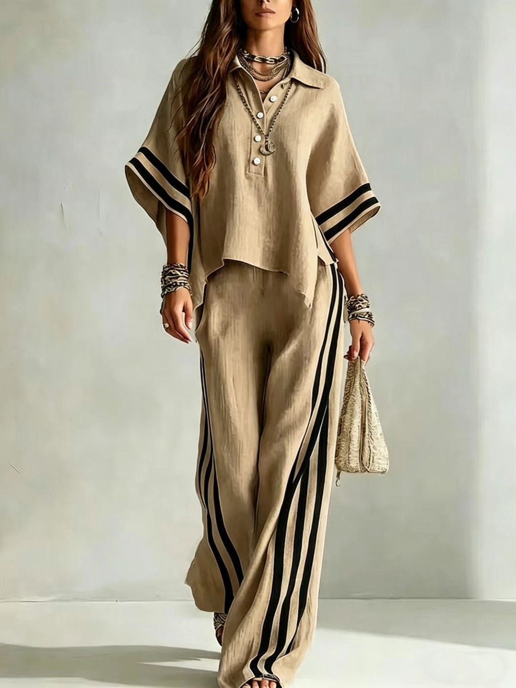 Chic Contrast Stripe Wide-Leg Two Piece Set