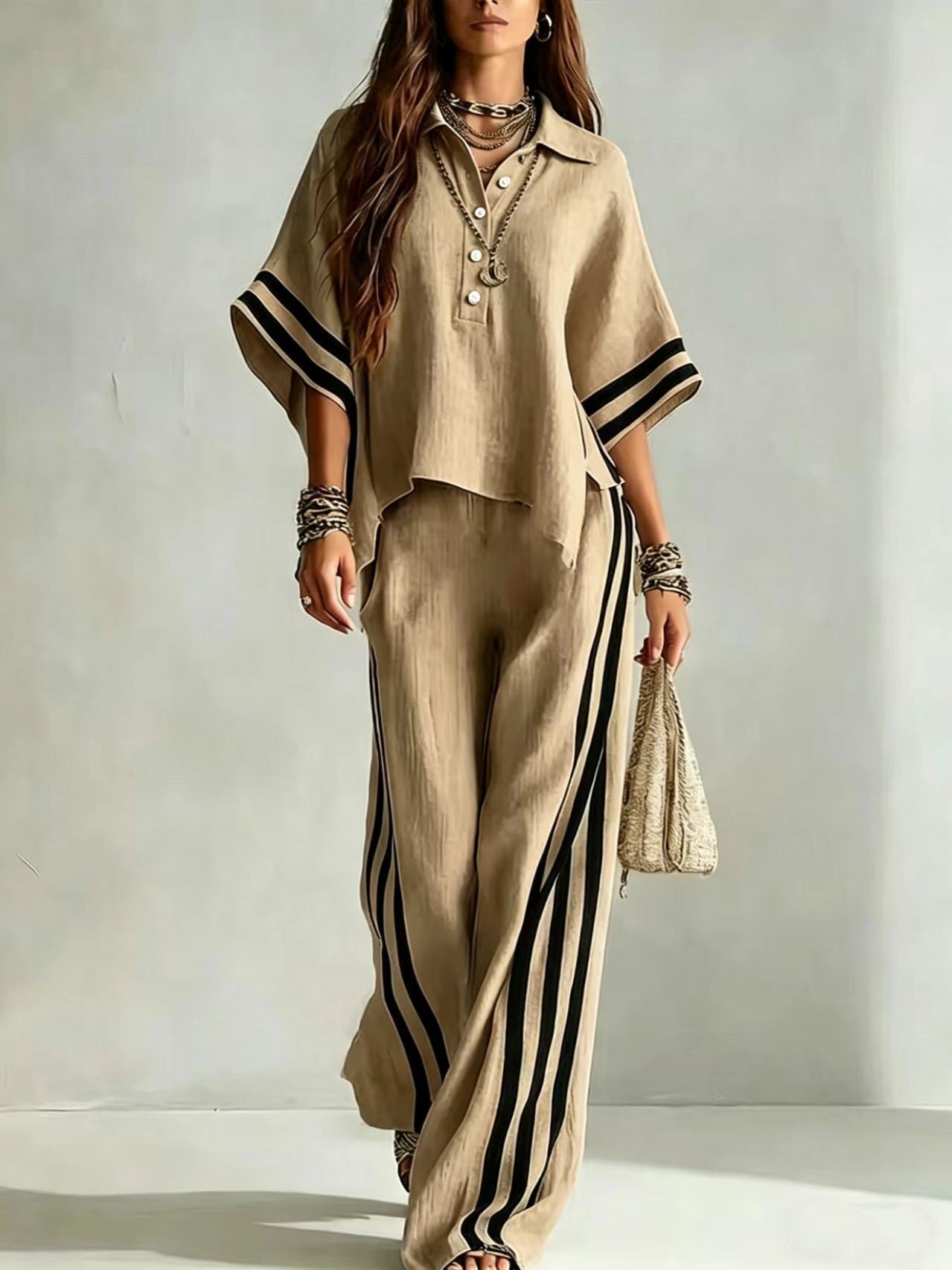 Chic Contrast Stripe Wide-Leg Two Piece Set