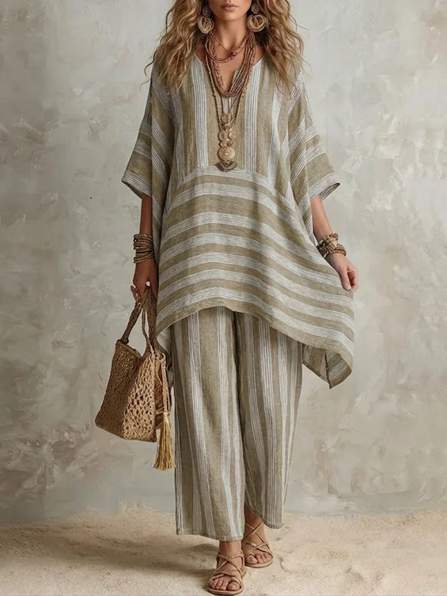 Bohemian Striped Poncho Two-Piece Set