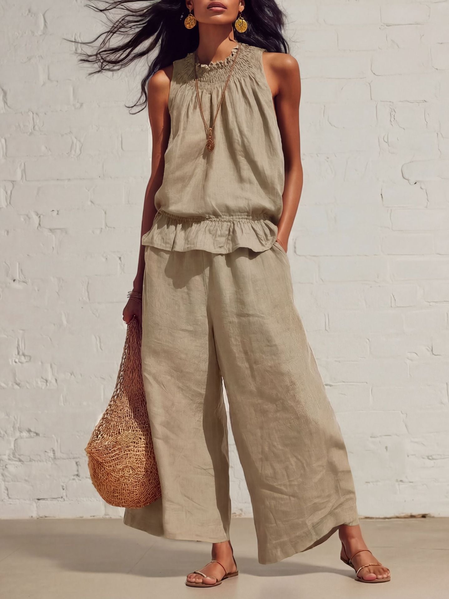 Boho Linen-Blend Sleeveless Ruffle Two-Piece Set