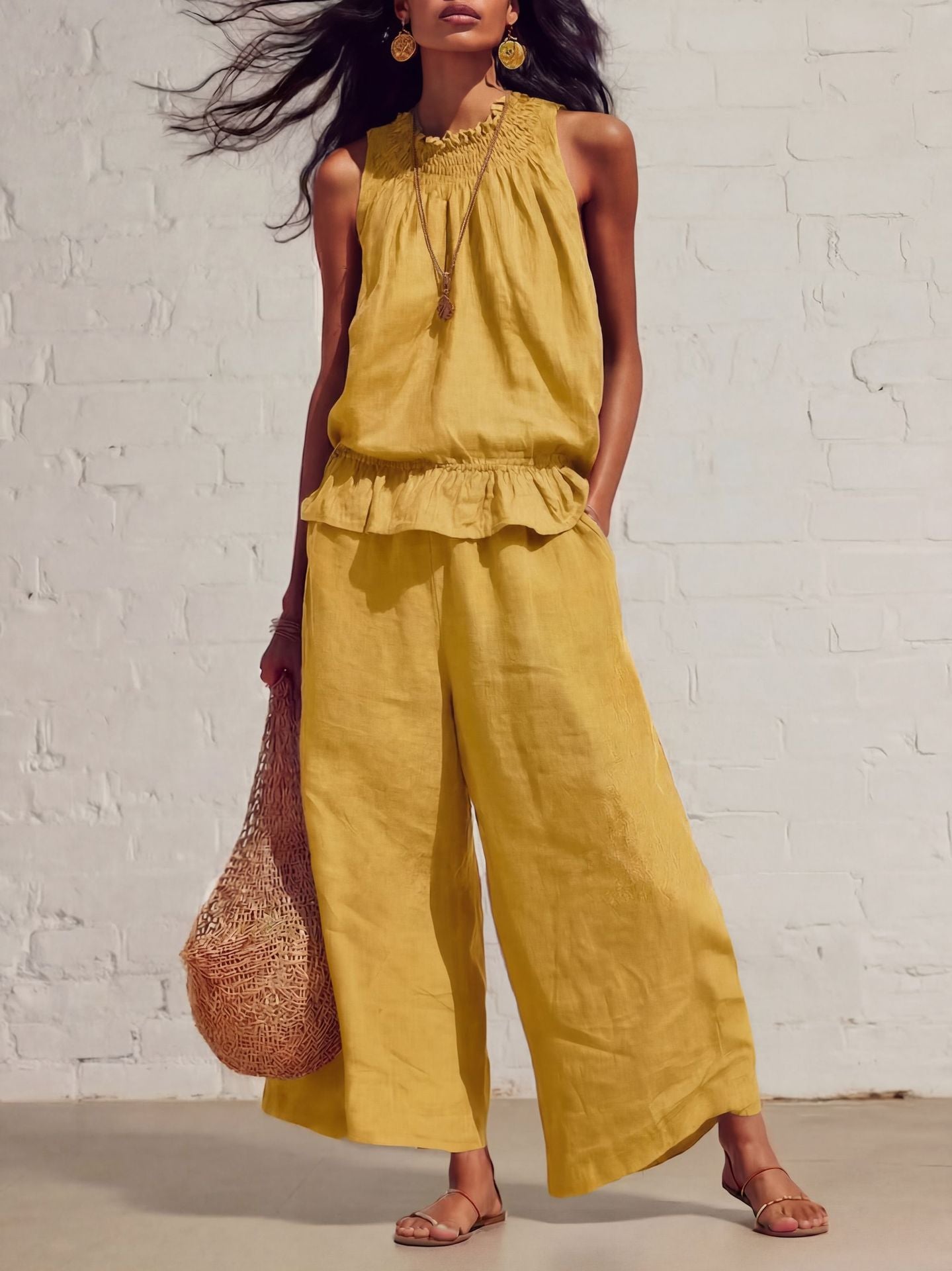 Boho Linen-Blend Sleeveless Ruffle Two-Piece Set