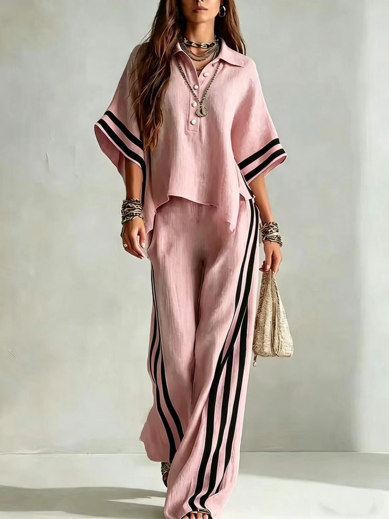 Chic Contrast Stripe Wide-Leg Two Piece Set