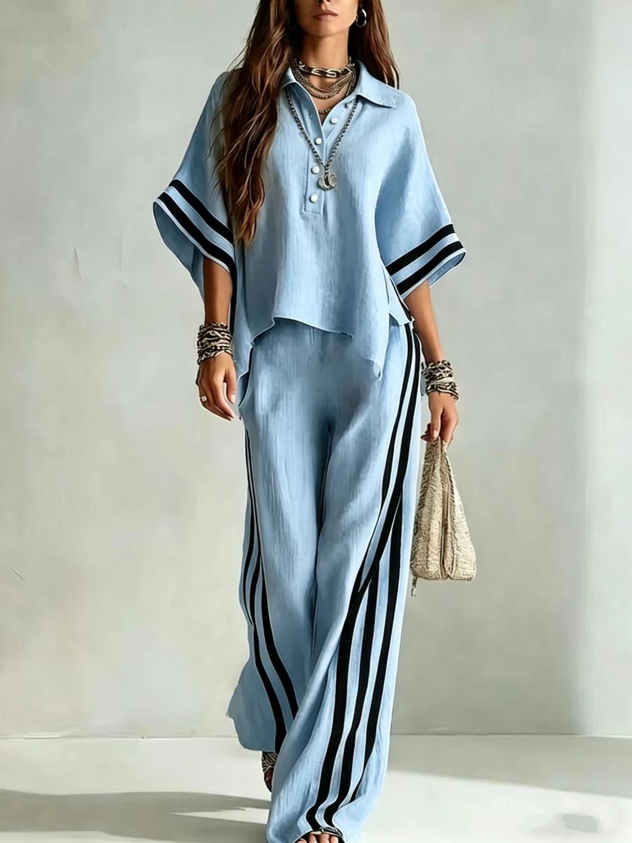 Chic Contrast Stripe Wide-Leg Two Piece Set