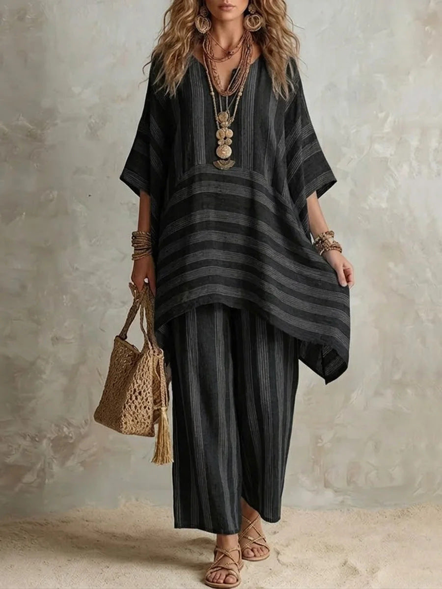 Bohemian Striped Poncho Two-Piece Set