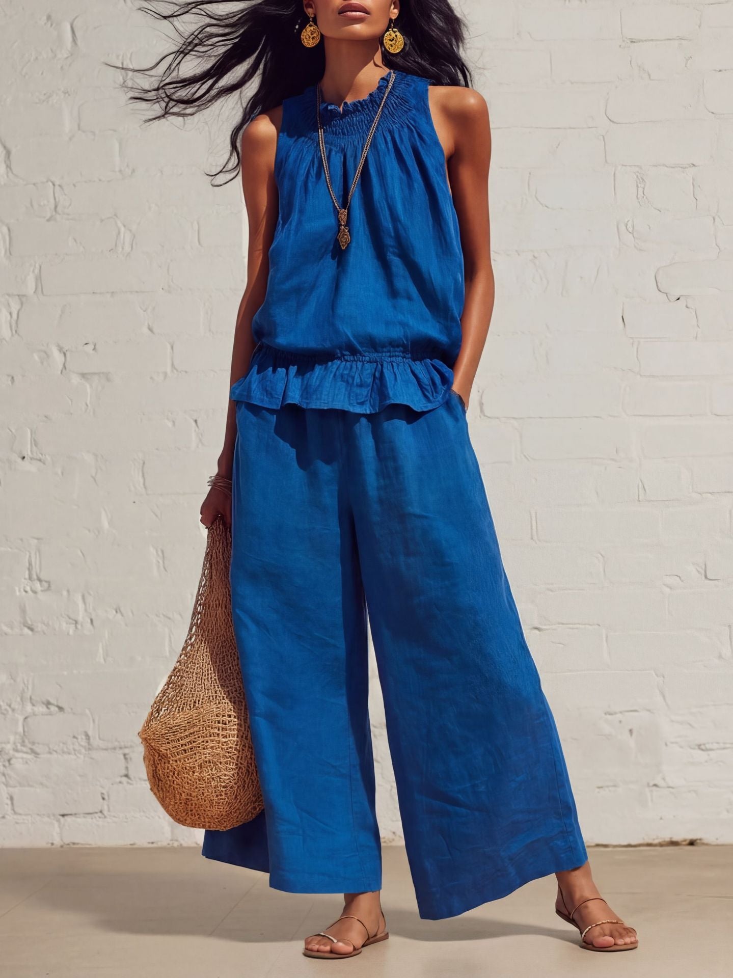 Boho Linen-Blend Sleeveless Ruffle Two-Piece Set
