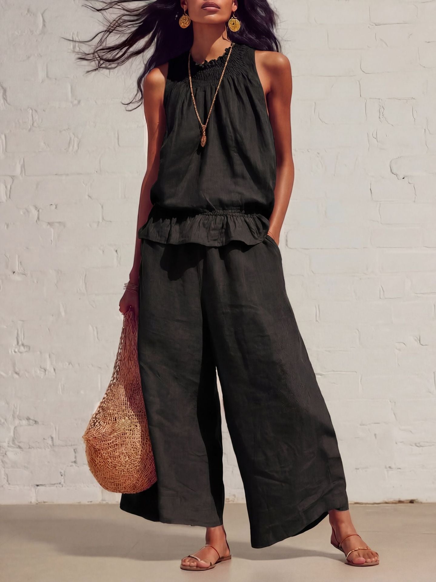 Boho Linen-Blend Sleeveless Ruffle Two-Piece Set